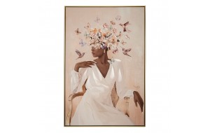 Πίνακας ελαιογραφίας πάνω σε τυπωμένο καμβά με φιγούρα γυναίκας σε λευκό φόρεμα και πεταλούδες στα μαλλιά 82x112 εκ