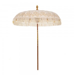 Bali στρογγυλή ομπρέλα μακραμέ με περίτεχνο σχέδιο σε εκρού  χρώμα με ξύλινο ιστό 185x250 εκ