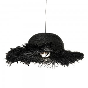Ψάθινο φωτιστικό οροφής με σχήμα καπέλου σε μαύρο χρώμα 40x21 εκ