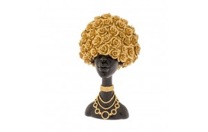 Διακοσμητική φιγούρα γυναίκας σε μαύρη απόχρωση από πολυρεζίνη με χρυσά λουλούδια στα μαλλιά 20x12x32 εκ