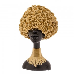 Διακοσμητική φιγούρα γυναίκας σε μαύρη απόχρωση από πολυρεζίνη με χρυσά λουλούδια στα μαλλιά 27x15x41 εκ