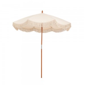 Boho στρογγυλή ομπρέλα μακραμέ σε εκρού χρώμα με ξύλινο ιστό 180x245 εκ