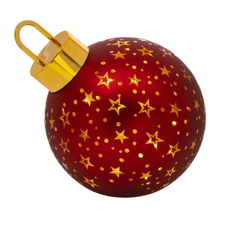 Χριστουγεννιάτικη διακοσμητική μπάλα σε κόκκινη απόχρωση με χρυσά αστεράκια και ενσωματωμένο φωτισμό 25 εκ