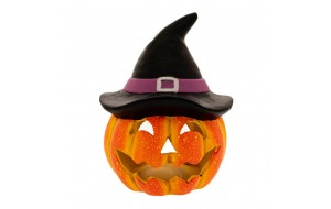Διακοσμητική κεραμική κολοκύθα Halloween με καπέλο σε πορτοκαλί απόχρωση 19x24 εκ