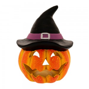 Διακοσμητική κεραμική κολοκύθα Halloween με καπέλο σε πορτοκαλί απόχρωση 19x24 εκ