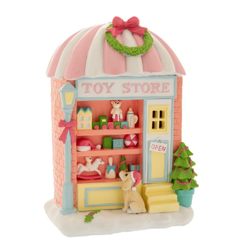 Χριστουγεννιάτικο διακοσμητικό Toy Shop από πολυρεζίνη σε ροζ απόχρωση 16x10x22 εκ