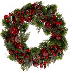 Χριστουγεννιάτικο στεφάνι με πράσινα φύλλα και με διακόσμηση κουκουνάρια berries και ρόδια σε κόκκινη απόχρωση 55 εκ  Χριστουγεννιάτικο στεφάνι με πράσινα φύλλα και με διακόσμηση κουκουνάρια berries και ρόδια σε κόκκινη απόχρωση 55 εκ