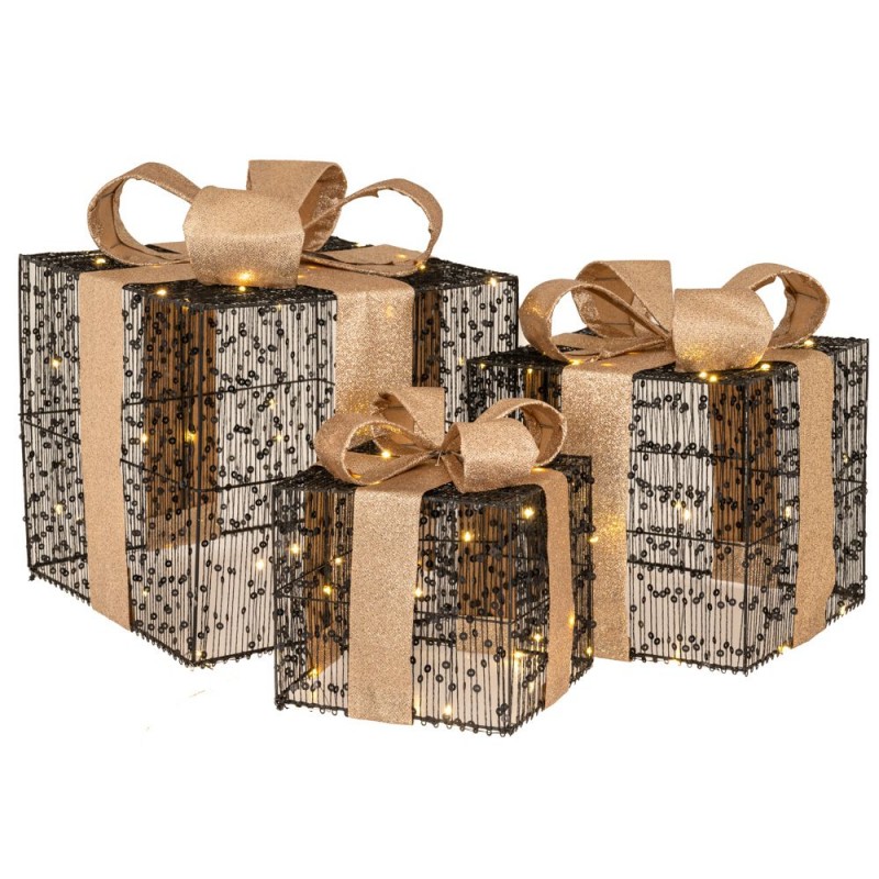 Χριστουγεννιάτικα διακοσμητικά δώρα με ενσωματωμένο LED φωτισμό με χρυσή κορδέλα σετ τριών τεμαχίων Χριστουγεννιάτικα διακοσμητικά δώρα με ενσωματωμένο LED φωτισμό με χρυσή κορδέλα σετ τριών τεμαχίων