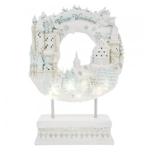 Winter Wonderland χριστουγεννιάτικο διακοσμητικό στεφάνι με χιονισμένο χωριό και ενσωματωμένο φωτισμό 35x14x48 εκ