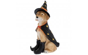 Διακοσμητική φιγούρα σκύλου Halloween από πολυρεζίνη με μαύρη μπέρτα καπέλο και μπότες 18x25x47 εκ