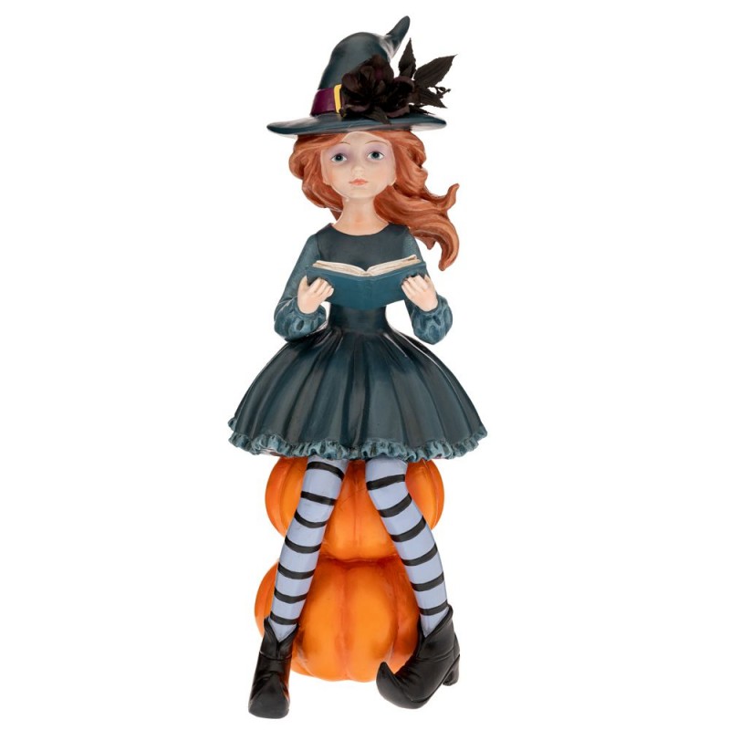 Διακοσμητική φιγούρα Halloween από πολυρεζίνη με μάγισσα πάνω σε κολοκύθες 14x15x33 εκ