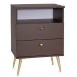 Ξύλινο κομοδίνο Stolik σε καφέ απόχρωση με δύο συρτάρια ανοιχτό ράφι και χρυσά μεταλλικά πόδια 50x34x69 εκ Ξύλινο κομοδίνο Stolik σε καφέ απόχρωση με δύο συρτάρια ανοιχτό ράφι και χρυσά μεταλλικά πόδια 50x34x69 εκ
