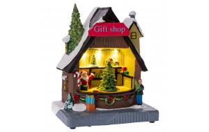 Χριστουγεννιάτικο διακοσμητικό μαγαζί Gift Shop με ενσωματωμένο φωτισμό μουσική και κίνηση 15x10x18 εκ