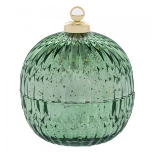 Χριστουγεννιάτικο γυάλινο επιτραπέζιο διακοσμητικό σε σχήμα μπάλας με καπάκι σε πράσινη απόχρωση 13x15 εκ
