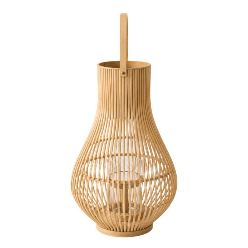 Διακοσμητικό φανάρι από bamboo σε φυσικό χρώμα με καμπύλη πλεκτή κατασκευή και γυάλινη θήκη κεριού Φ35×64 εκ