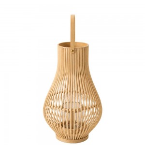 Διακοσμητικό φανάρι από bamboo σε φυσική απόχρωση με καμπύλη πλεκτή κατασκευή και γυάλινη θήκη κεριού Φ30×54 εκ