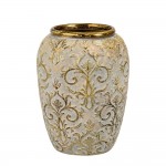 Κεραμικό διακοσμητικό βάζο σε κρεμ απόχρωση με χρυσό χείλος και ανάγλυφα σχέδια Φ20×25 εκ