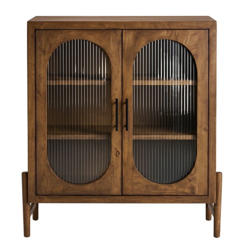 Ξύλινη ρουστίκ βιτρίνα σε σκούρα φυσική απόχρωση με δύο καμπυλωτές γυάλινες πόρτες και δύο εσωτερικά ράφια 85×35×90 εκ