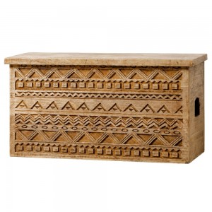 Raw Wood ξύλινο σκαλιστό μπαούλο αποθήκευσης σε φυσική απόχρωση με ανάγλυφα γεωμετρικά μοτίβο 85×35×45 εκ