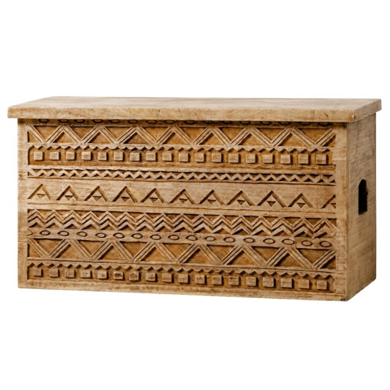 Raw Wood ξύλινο σκαλιστό μπαούλο αποθήκευσης σε φυσική απόχρωση με ανάγλυφα γεωμετρικά μοτίβο 85×35×45 εκ