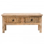 Raw Wood ορθογώνιο ξύλινο τραπεζάκι σαλονιού σε φυσική απόχρωση με σκαλιστά γεωμετρικά μοτίβο και χαμηλά πόδια 100×50×45 εκ