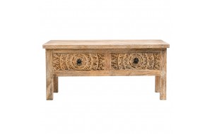 Raw Wood ορθογώνιο ξύλινο τραπεζάκι σαλονιού σε φυσική απόχρωση με σκαλιστά γεωμετρικά μοτίβο και χαμηλά πόδια 100×50×45 εκ