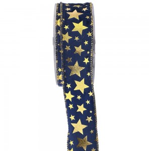 Holland velvet κορδέλα χριστουγεννιάτικη μπλε με χρυσής απόχρωσης αστέρια 4.3x900 εκ