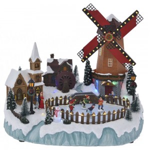 Χριστουγεννιάτικο φωτιζόμενο χωριό με ανεμόμυλο και παγοδρόμιο με μουσική και κίνηση 38x29x33 εκ