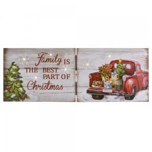 Ξύλινη διπλή πινακίδα διακοσμητική family is the Best Part of Christmas με φως 40x2,5x15 εκ