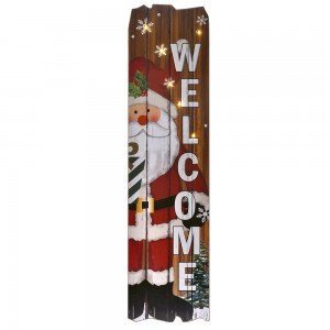 Διακοσμητική ξύλινη κρεμαστή πινακίδα με τον Άγιο Βασίλη και φωτάκια στο εσωτερικό 23x2x90 εκ