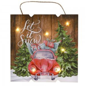 Διακοσμητική ξύλινη χριστουγεννιάτικη κρεμαστή πινακίδα με αυτοκίνητο let it snow με led φωτάκια 24x2x24 εκ
