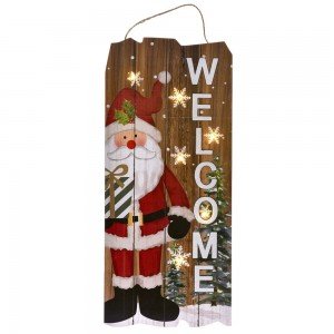 Χριστουγεννιάτικη ξύλινη πινακίδα κρεμαστή διακοσμητική Άγιος Βασίλης welcome με led φωτάκια 22x2x50 εκ