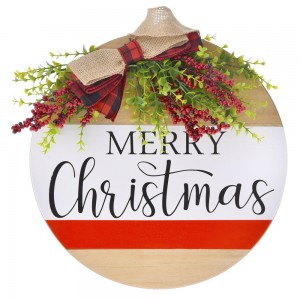 Ξύλινη στρογγυλή χριστουγεννιάτικη με μπεζ και καρό κορδέλα πινακίδα Merry Christmas 35 εκ