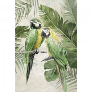 Πίνακας με πράσινους παπαγάλους σε φύλλα πάνω σε τυπωμένο καμβά με κορνίζα 62x92 εκ