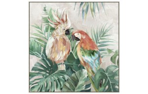 Πίνακας ελαιογραφίας πάνω σε τυπωμένο καμβά και κορνίζα με θέμα πολύχρωμοι παπαγάλοι 82x82 εκ