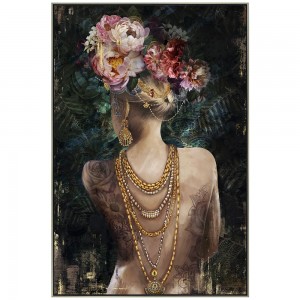 Ελαιογραφία πάνω σε τυπωμένο καμβά με κορνίζα και θέμα γυναίκα με λουλούδια στα μαλλιά 102x152 εκ