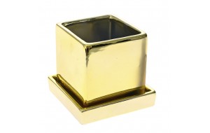 Τετράγωνο κασπώ  χρυσής απόχρωσης με πιατάκι 12.5x12.5x11.5 εκ