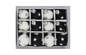 Γυάλινη μίνι μπάλα ασπρόμαυρη χριστουγεννιάτικη σετ δώδεκα τεμαχίων 3 εκ