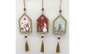 Ξύλινο κρεμαστό χριστουγεννιάτικο σπίτι στολίδι κρεμαστό σετ τριών τεμαχίων με τρία σχέδια 6x28 εκ  
