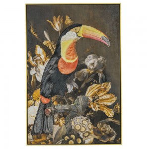 Πίνακας ελαιογραφίας πάνω σε τυπωμένο καμβά με πουλί τουκαν και πλαίσιο σε χρυσή απόχρωση 82x122 εκ