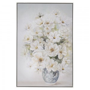 Πίνακας ελαιογραφίας πάνω σε τυπωμένο καμβά με βάζο με λουλούδια και πλαίσιο σε ασημί απόχρωση 82x122 εκ