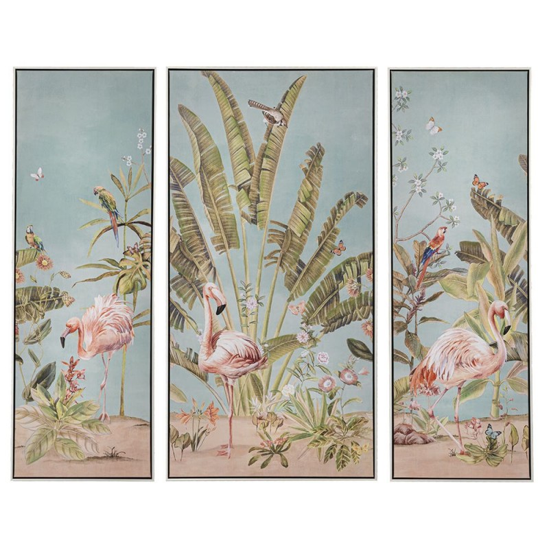 Πίνακας τρίπτυχος ελαιογραφία πάνω σε τυπωμένο καμβά με φλαμίνγκο και πλαίσιο σε ασημί απόχρωση 146x122 εκ