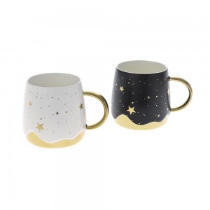 Ασπρόμαυρη κεραμική κούπα με χρυσά αστέρια σε δύο σχέδια 8x9 εκ