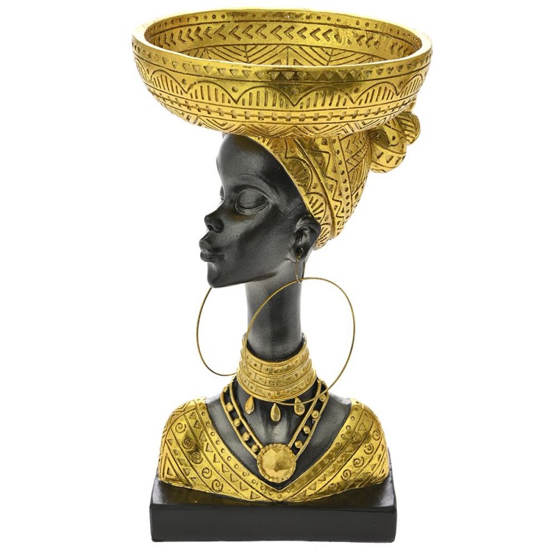 Μαυρη φιγούρα από πολυρεζίνη Αφρικανής γυναίκας με χρυσής απόχρωσης πανέρι στο κεφάλι 17x17x31 εκ