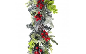Χιονισμένη χριστουγεννιάτικη γιρλάντα με κόκκινα berries και κουκουνάρια 180 εκ