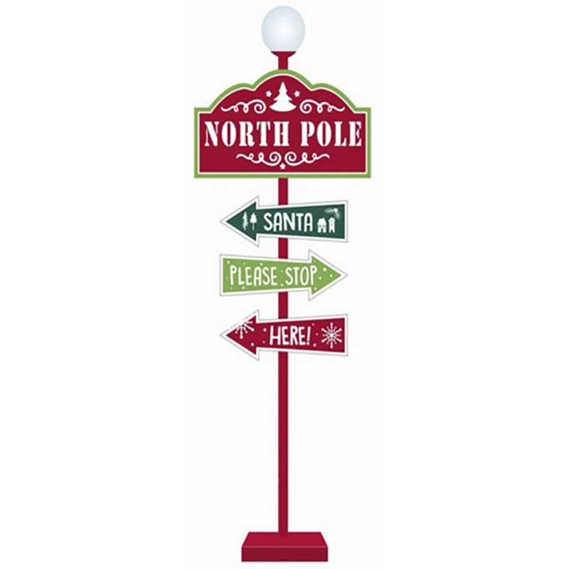 Κόκκινη μεταλλική ταμπέλα North Pole σε στύλο με φως 46x16x122 εκ