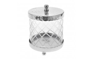 Γυάλινο βάζο στρογγυλό με μεταλλική βάση σε ασημί απόχρωση και καπάκι 11x14 εκ