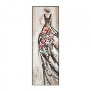 Πίνακας ελαιογραφίας πάνω σε τυπωμένο καμβά με φιγούρα γυναίκας σε μαύρο φόρεμα με λουλούδια 52x152 εκ