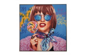 Ελαιογραφία πάνω σε τυπωμένο καμβά με κορνίζα σε ασημί χρώμα και θέμα γυναίκα σε μπλε φόντο 82x4x82 εκ