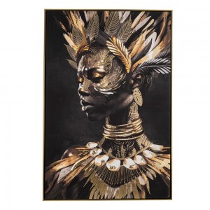Πίνακας ελαιογραφίας πάνω σε τυπωμένο καμβά με φιγούρα γυναίκας σε μαύρη απόχρωση και χρυσά κοσμήματα 82x122 εκ
